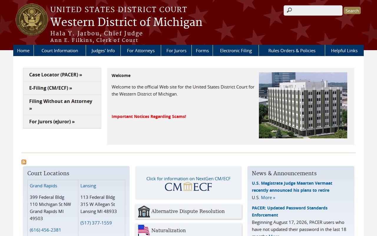 Michigan Western District federal court website