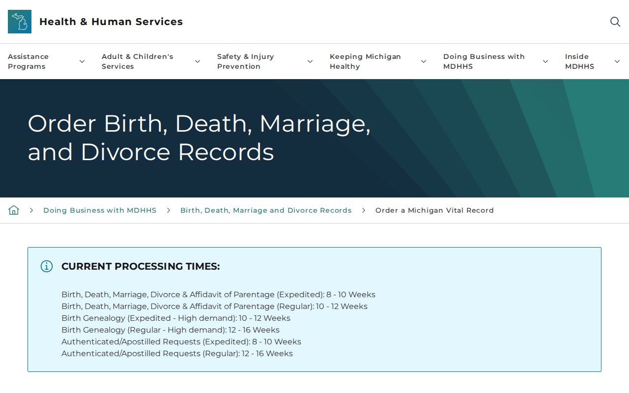 Michigan MDHHS marriage and divorce vital record order page
